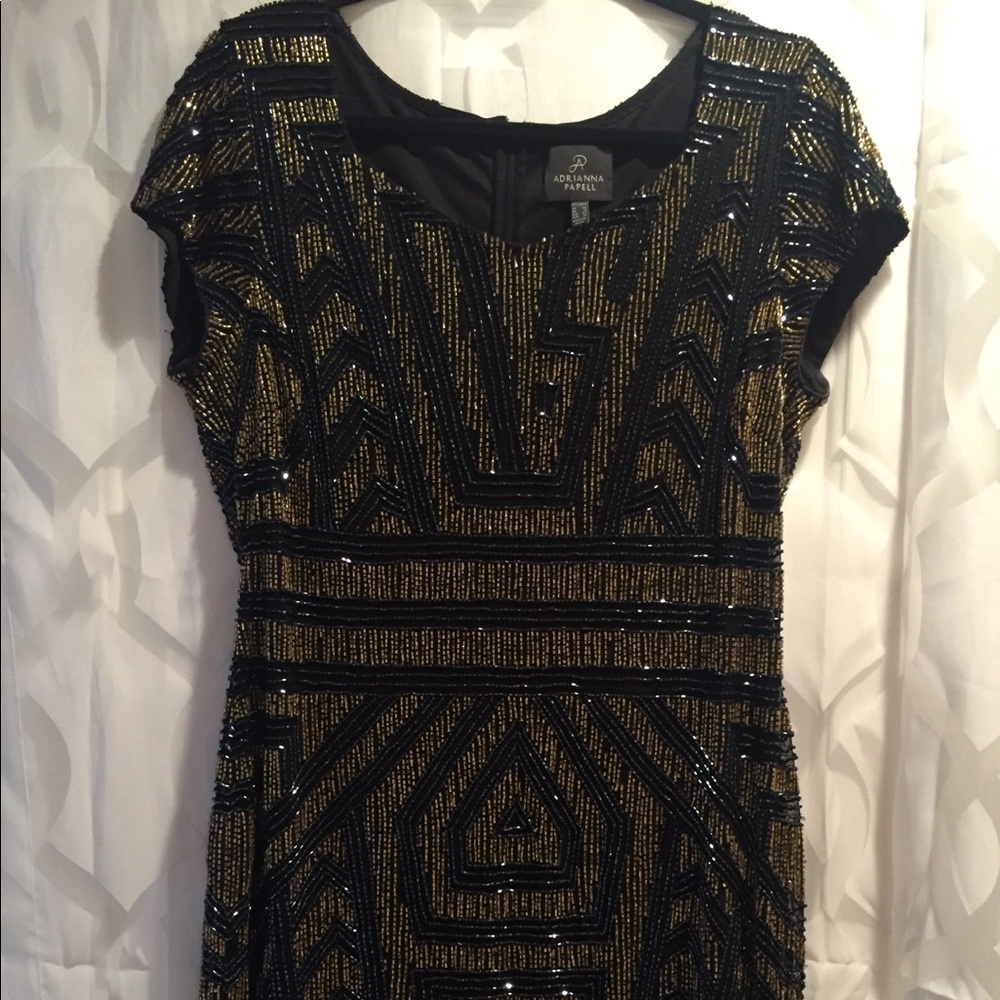Adrianna Papell Navy and Gold Sequin Sheath Dress